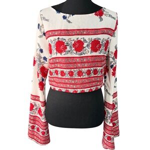 Fashion Nova Boho Floral Crop Top Bell Sleeve Long Sleeve Blouse Red White Med